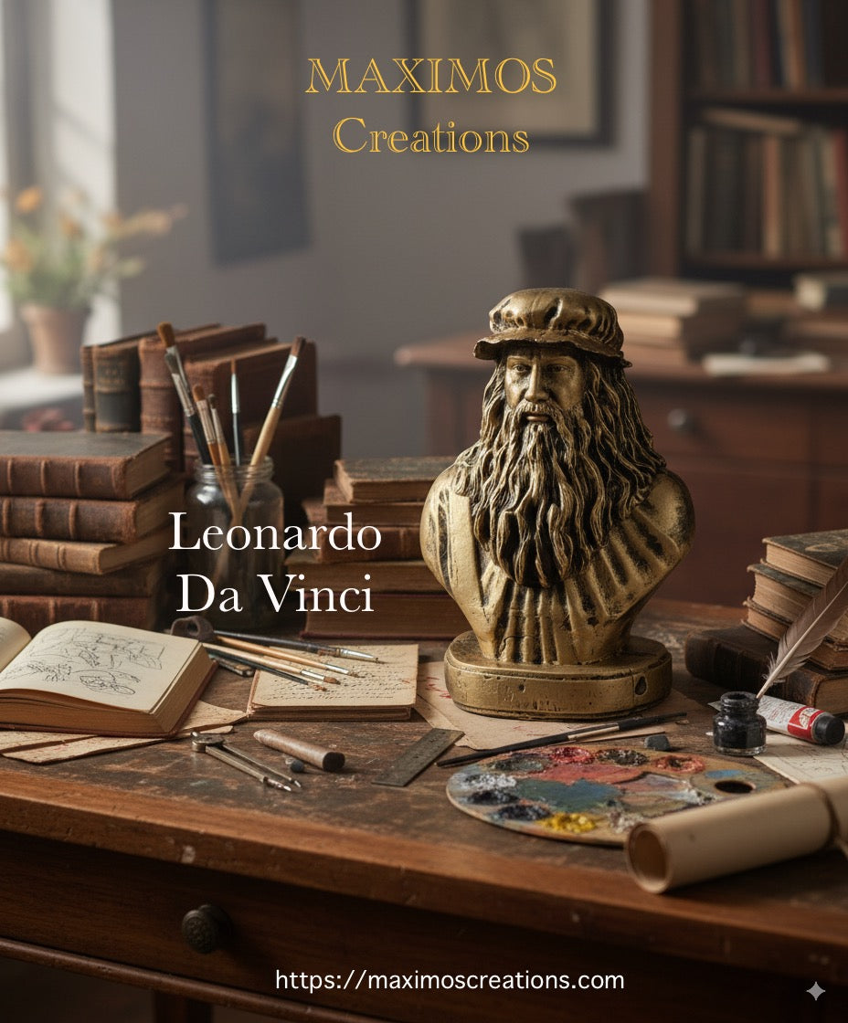 Leonardo da Vinci Renaissance artist miniature statue brass finish
